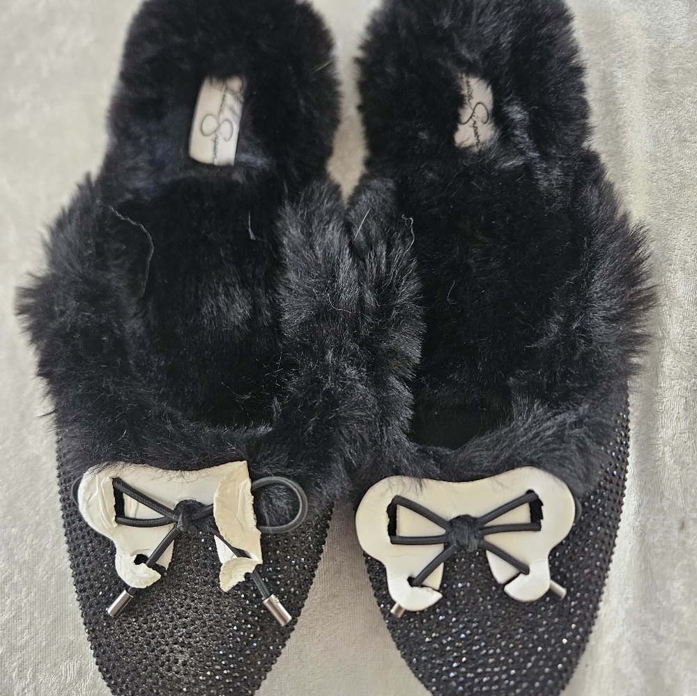 NEW Jessica Simpson Fuzzy Black and Jeweled Slides Size 9.5